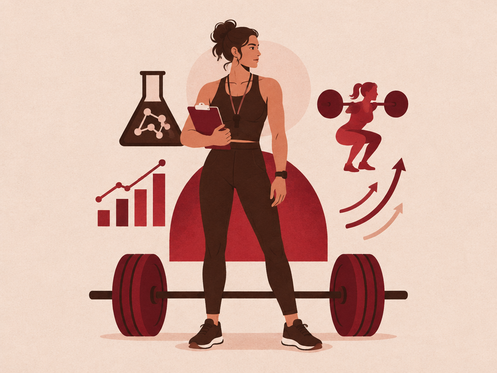 Illustration einer Trainerin, die Wissenschaft und Krafttraining verbindet